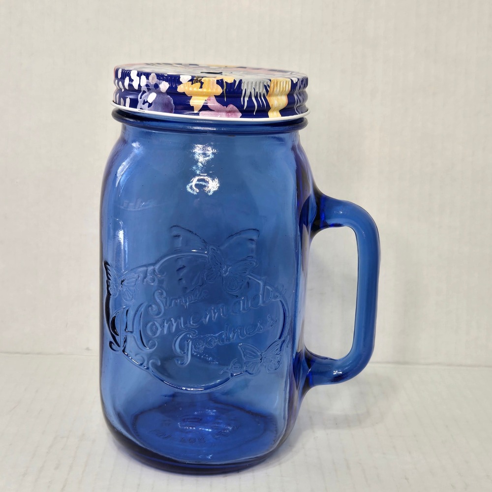 Pioneer Woman Cobalt Blue Glass Mason Jar Mug Handle 32oz Butterfly Floral